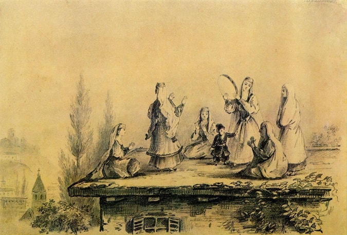Gruzinki-na-kryishe-sakli-grafitnyiy-karandash-1837-Risunki-Lermontova
