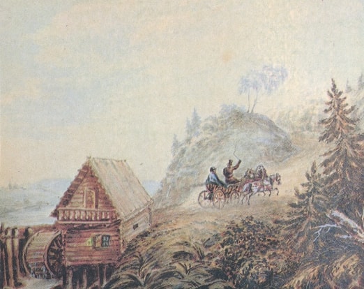 Peyzazh-s-melnitsey-i-skachushhey-troykoy.-Akvarel-1835-Risunki-Lermontova